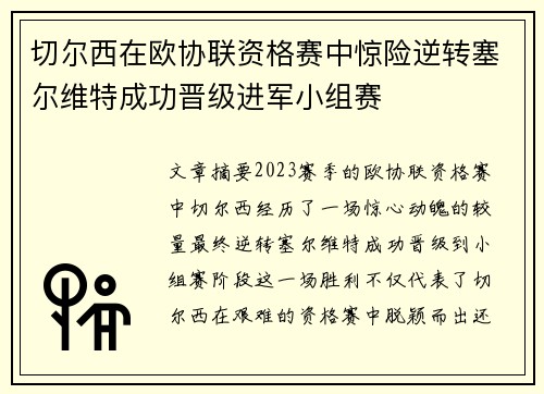 切尔西在欧协联资格赛中惊险逆转塞尔维特成功晋级进军小组赛